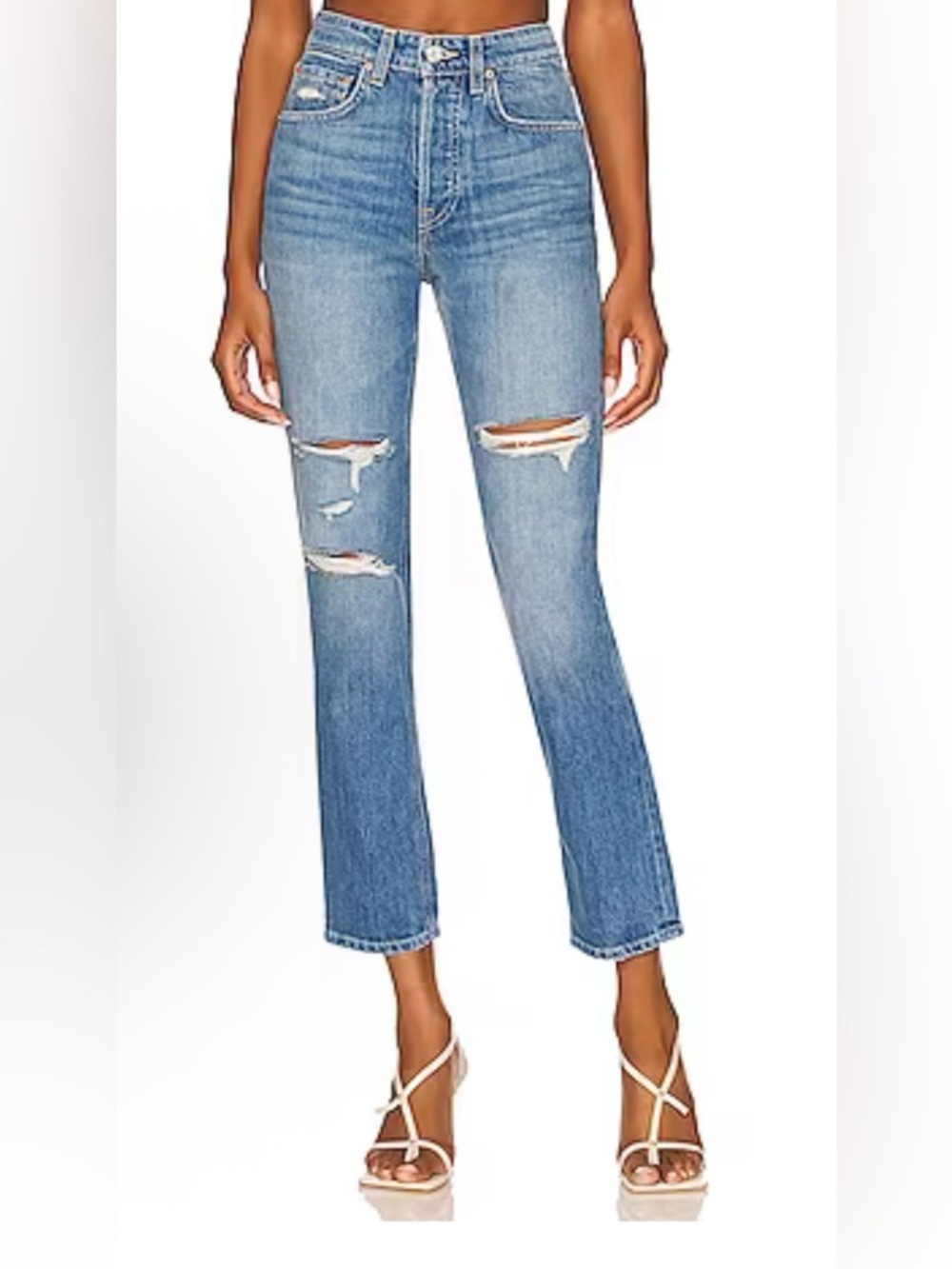 GRLFRND Medium Wash Distressed Karolina High Rise Straight Crop Jeans - Size 25